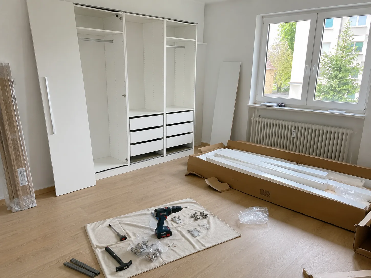 Eingebauter Kleiderschrank im fertigen Raum