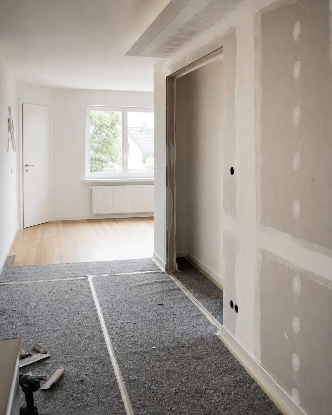 Altbau während der Raumgestaltung mit Trockenbau und geschütztem Boden